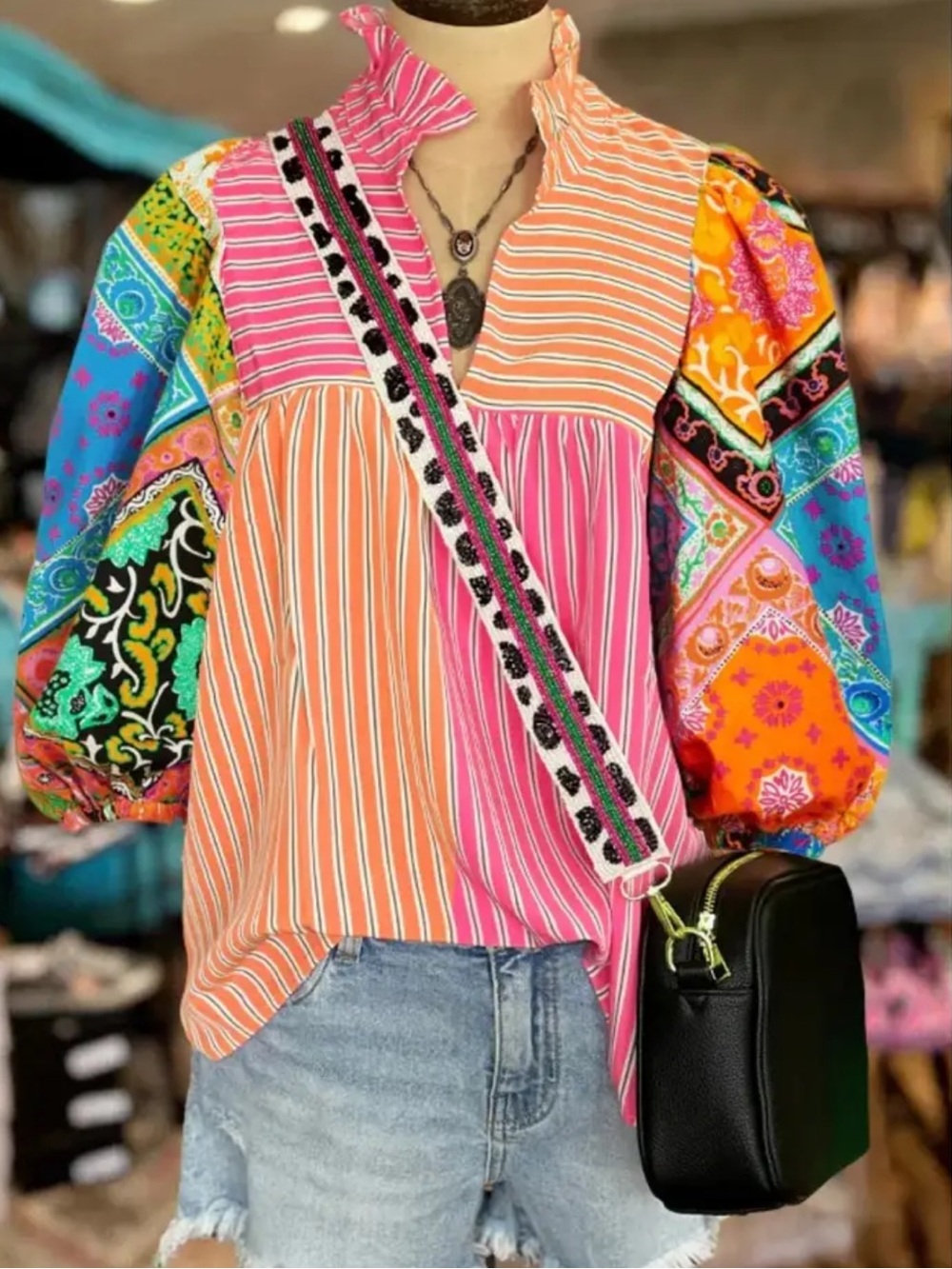Striped floral  V-Neck Short Sleeve Top